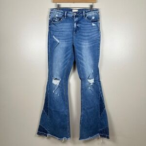 Altar'd State Women's 30 Flare Jeans Blue Distressed Raw Hem High Rise